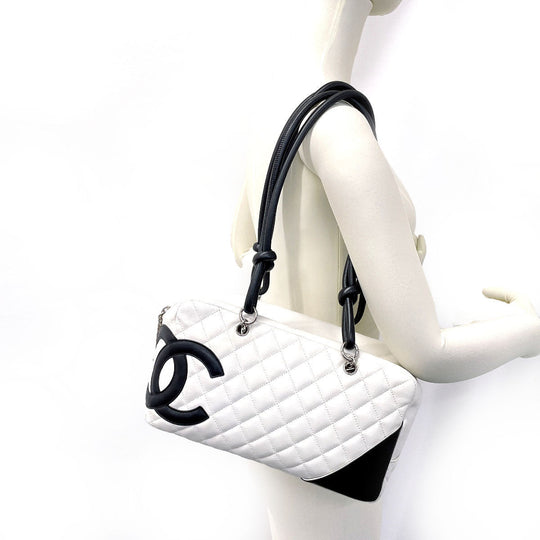 CHANEL Shoulder Bag A25171 lambskin white Cambon line Bowling bag Women Used Authentic