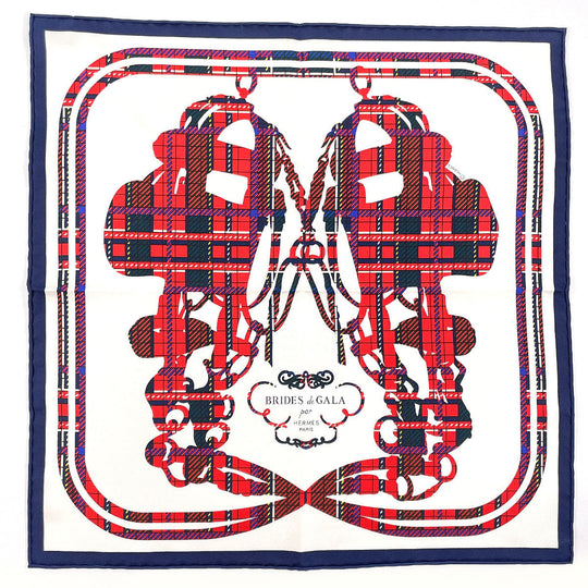 HERMES scarf Silk, 100% silk white BRIDES de GALA Tartan Gavroche 45