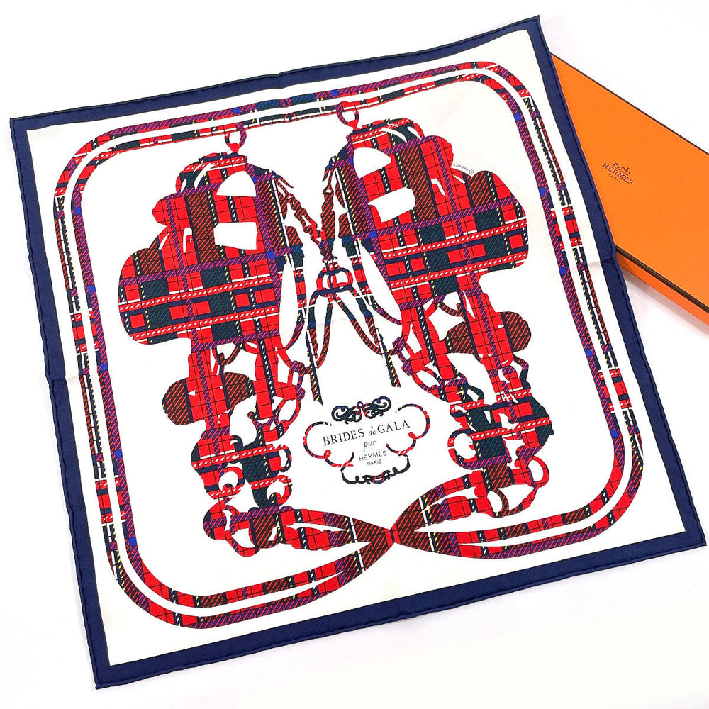 HERMES scarf Silk, 100% silk white BRIDES de GALA Tartan Gavroche 45