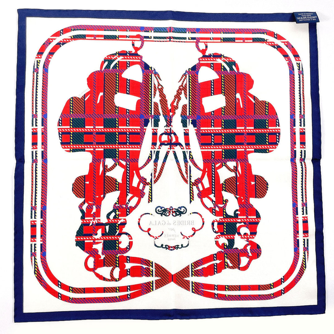 HERMES scarf Silk, 100% silk white BRIDES de GALA Tartan Gavroche 45