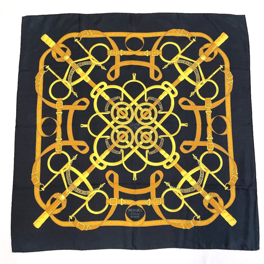HERMES scarf Silk, 100% silk black Eperon dor Golden Spur Carre 90