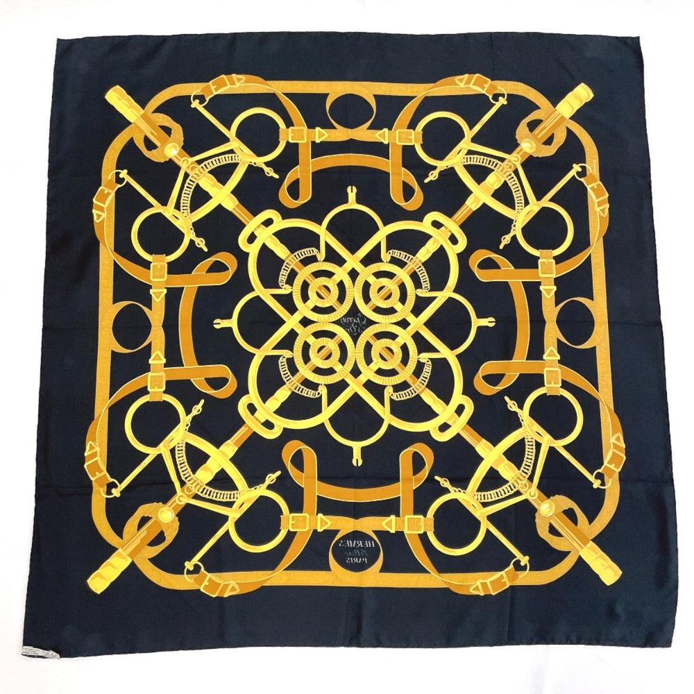 HERMES scarf Silk, 100% silk black Eperon dor Golden Spur Carre 90