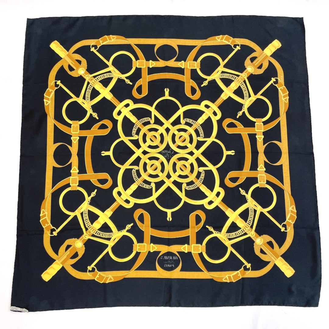 HERMES scarf Silk, 100% silk black Eperon dor Golden Spur Carre 90