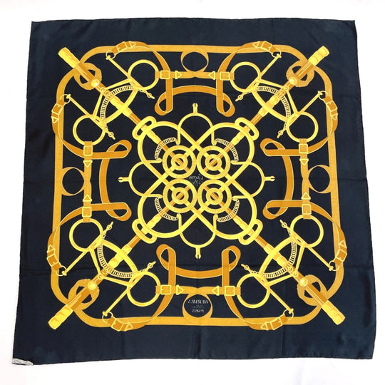 HERMES scarf Silk, 100% silk black Eperon dor Golden Spur Carre 90