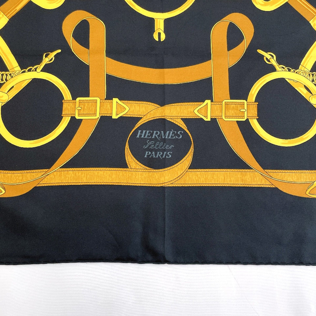 HERMES scarf Silk, 100% silk black Eperon dor Golden Spur Carre 90