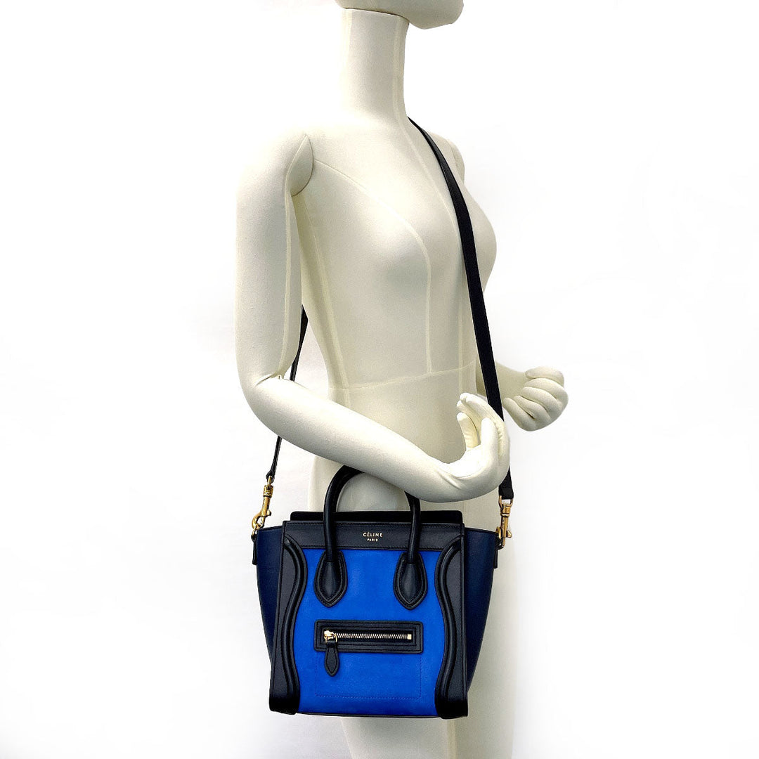 CELINE Handbag Leather, Suede blue 2WAY Luggage Nano Shopper