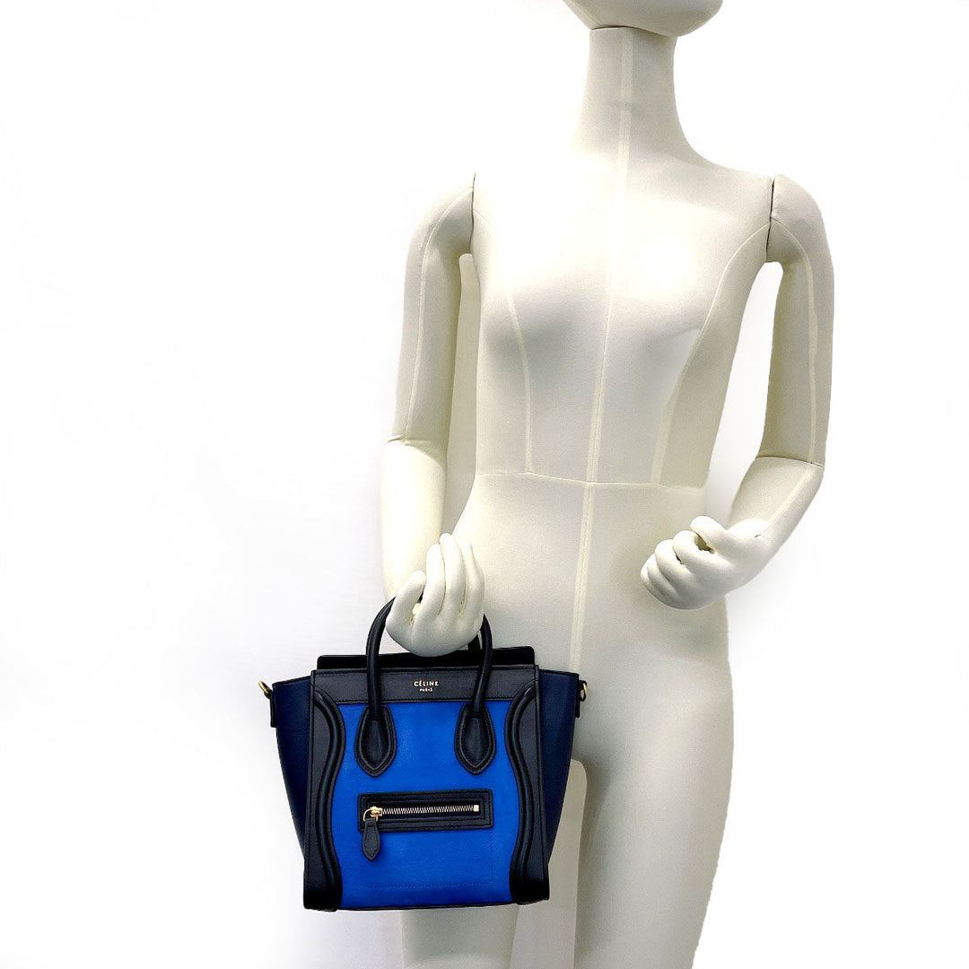 CELINE Handbag Leather, Suede blue 2WAY Luggage Nano Shopper