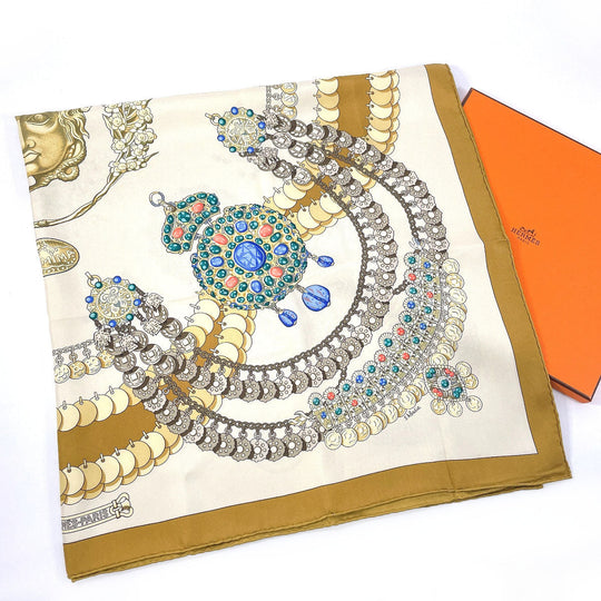 HERMES scarf Silk, 100% silk Brown KOSMIMA Universe Carre 90 Women Used Authentic