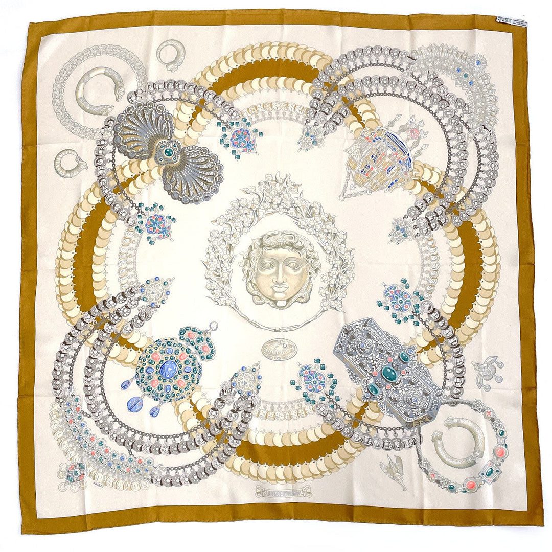 HERMES scarf Silk, 100% silk Brown KOSMIMA Universe Carre 90 Women Used Authentic