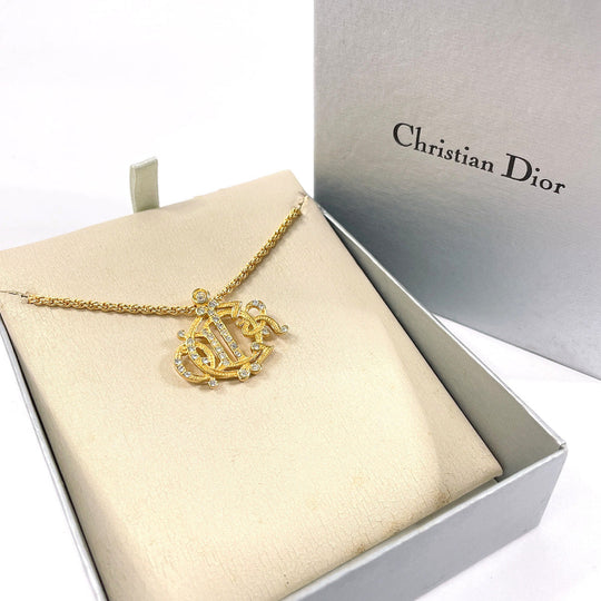 Christian Dior Necklace Metal, Rhinestone gold Emblem logo