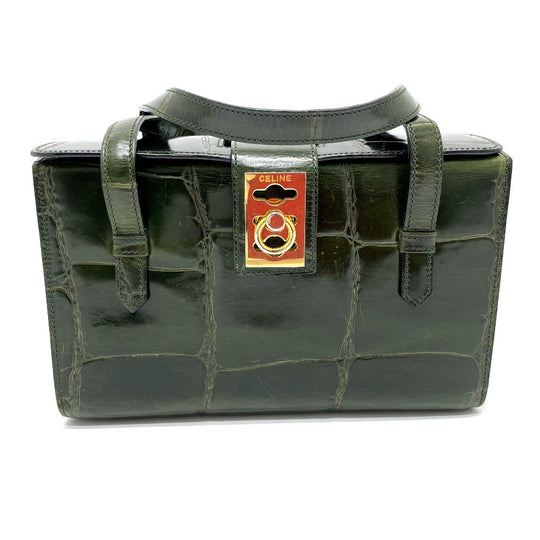 CELINE Handbag leather green Croco embossed Handbag Women Used Authentic