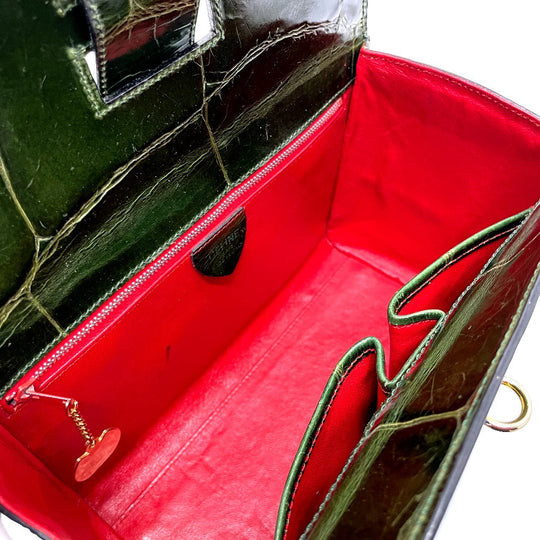 CELINE Handbag leather green Croco embossed Handbag Women Used Authentic