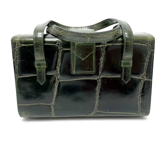 CELINE Handbag leather green Croco embossed Handbag Women Used Authentic
