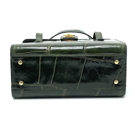 CELINE Handbag leather green Croco embossed Handbag Women Used Authentic
