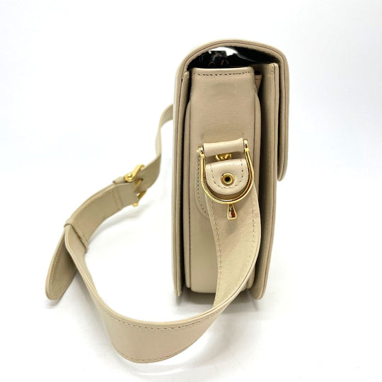 CELINE Shoulder Bag leather Beige x Gold Metal Carriage Metal vintage Women Used Authentic
