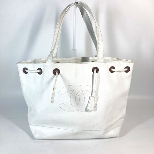CHANEL Tote Bag Caviar skin white CC COCO Mark purse Women Used Authentic
