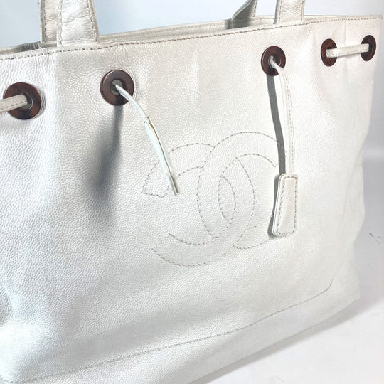 CHANEL Tote Bag Caviar skin white CC COCO Mark purse Women Used Authentic