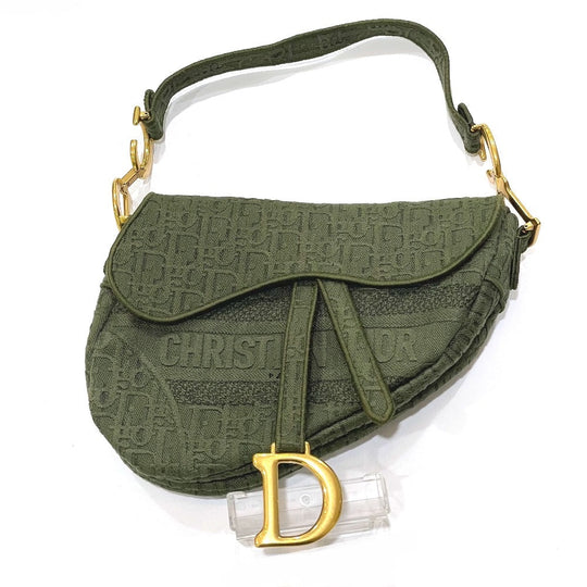 Christian Dior Handbag canvas khaki Oblique SADDLE saddle bag embroidered Women Used Authentic