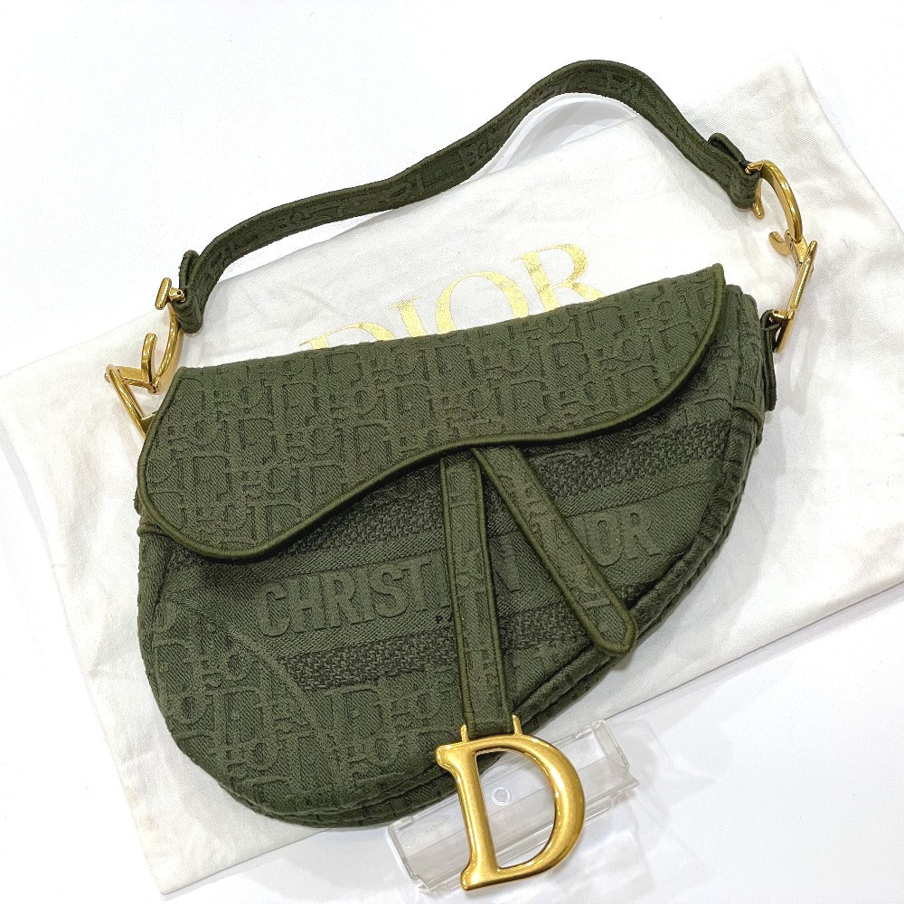 Christian Dior Handbag canvas khaki Oblique SADDLE saddle bag embroidered Women Used Authentic