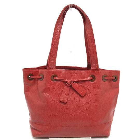 CHANEL Tote Bag Caviar skin Red CC COCO Mark Wood-like drawstring type Women Used Authentic