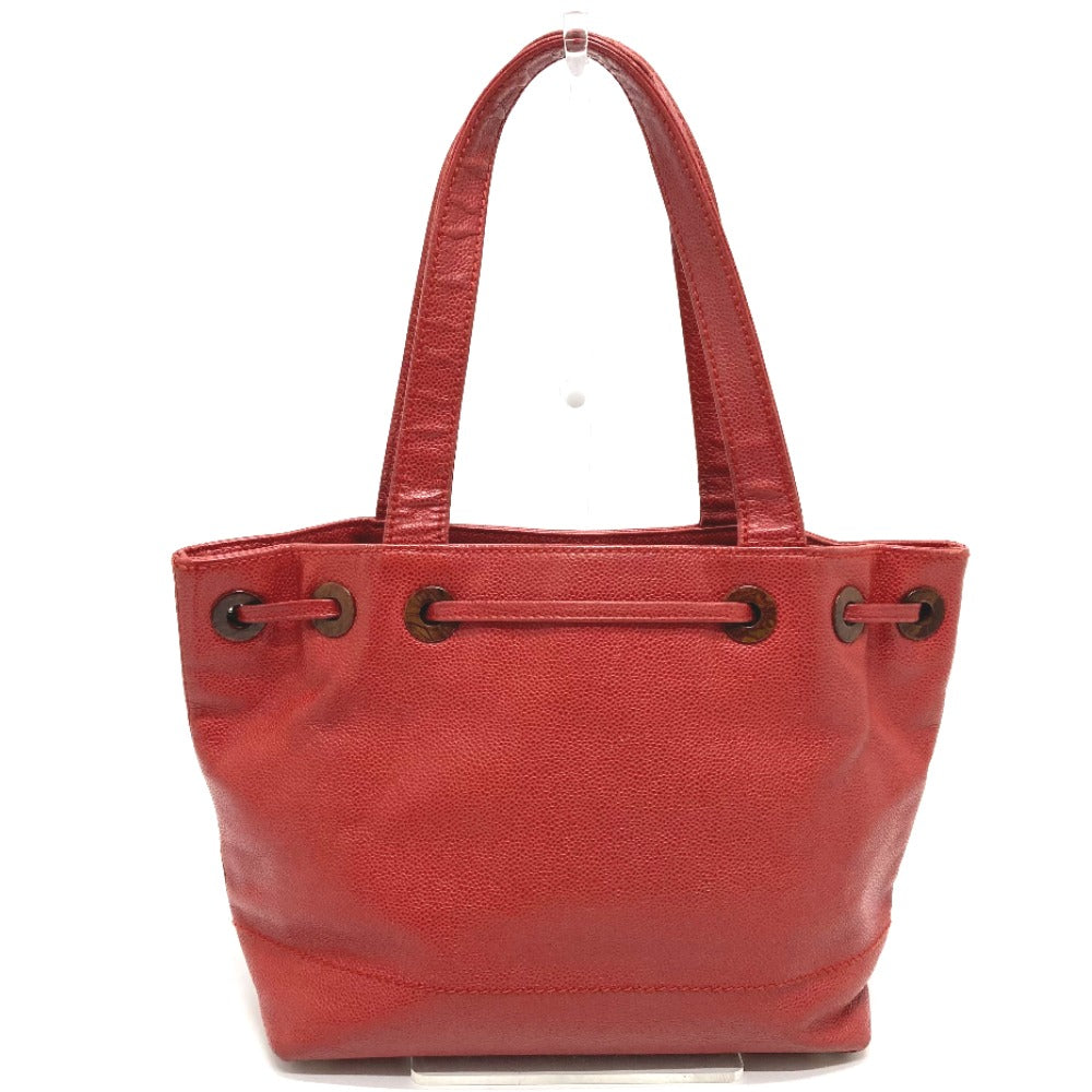CHANEL Tote Bag Caviar skin Red CC COCO Mark Wood-like drawstring type Women Used Authentic