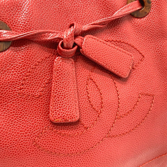 CHANEL Tote Bag Caviar skin Red CC COCO Mark Wood-like drawstring type Women Used Authentic