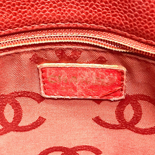 CHANEL Tote Bag Caviar skin Red CC COCO Mark Wood-like drawstring type Women Used Authentic