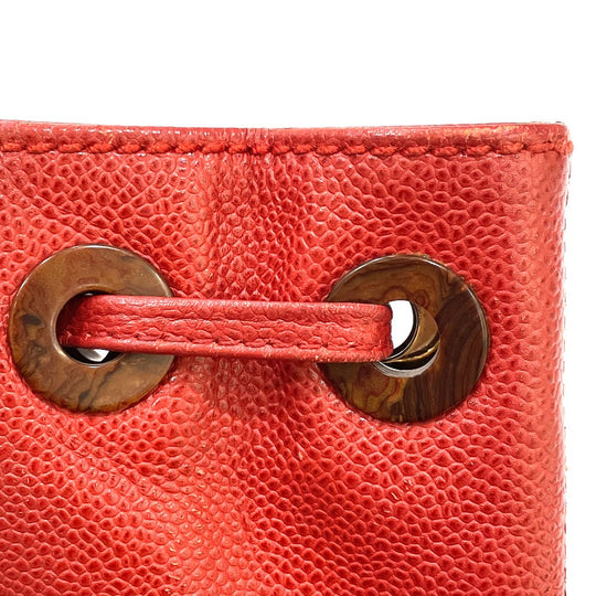 CHANEL Tote Bag Caviar skin Red CC COCO Mark Wood-like drawstring type Women Used Authentic