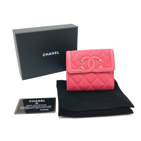 CHANEL Trifold wallet AP0375 Caviar skin Pink type CC filigree Matrasse Women Used Authentic