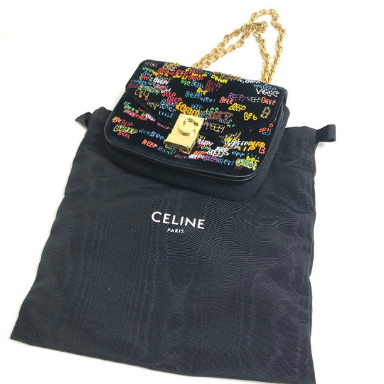 CELINE Shoulder Bag suede Black x multicolor Small C multi beads Women Used Authentic