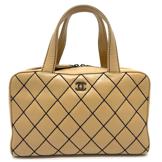 CHANEL Handbag lambskin beige CC COCO Mark Wild stitch Women Used Authentic