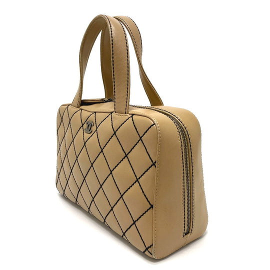 CHANEL Handbag lambskin beige CC COCO Mark Wild stitch Women Used Authentic