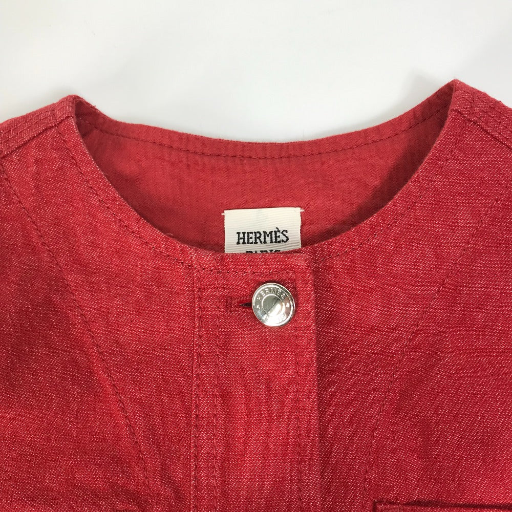 HERMES Denim Jacket Cotton, Elastane Red Serie button Long sleeve Women 36 Used Authentic
