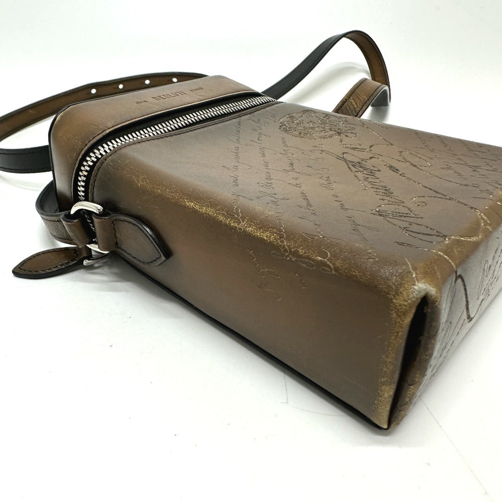 Berluti Shoulder Bag leather Brown Calligraphy Scrit Swipe mens Used Authentic