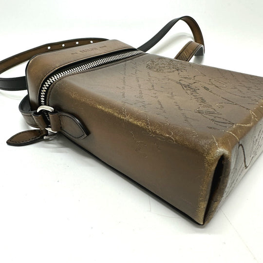 Berluti Shoulder Bag leather Brown Calligraphy Scrit Swipe mens Used Authentic