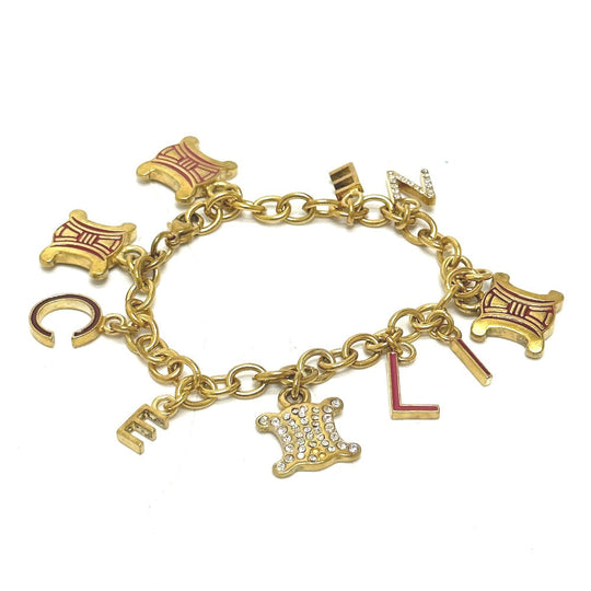 CELINE bracelet Gold Plated, Rhinestone gold Triomphe vintage Women Used Authentic
