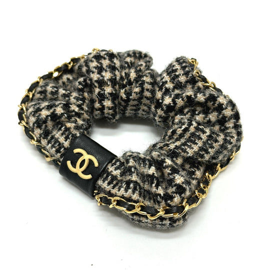 CHANEL hair accessory Cotton, Leather beige COCO Mark Houndstooth Hair accessories Chain Women Used Authentic