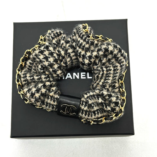 CHANEL hair accessory Cotton, Leather beige COCO Mark Houndstooth Hair accessories Chain Women Used Authentic
