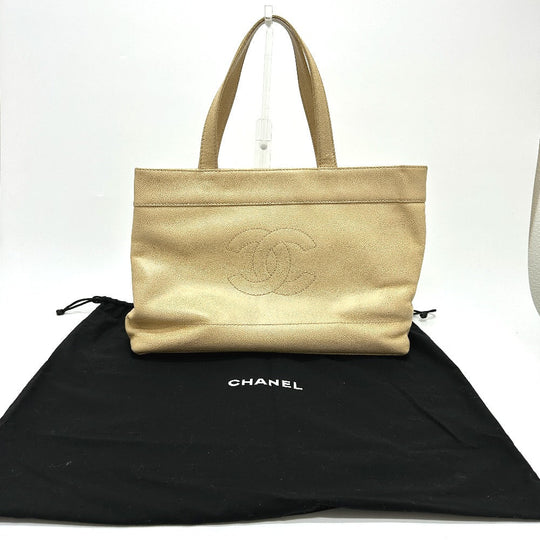 CHANEL Tote Bag Caviar skin beige COCO Mark CC Women Used Authentic