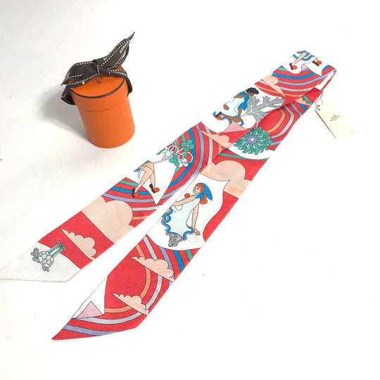 HERMES scarf silk Red Flying Carre Carres Volants Twilly Twilly