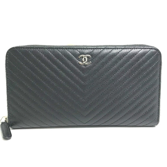 CHANEL Long Wallet Purse A50097 Caviar skin black CC COCO Mark Vstitch quilting Women Used Authentic