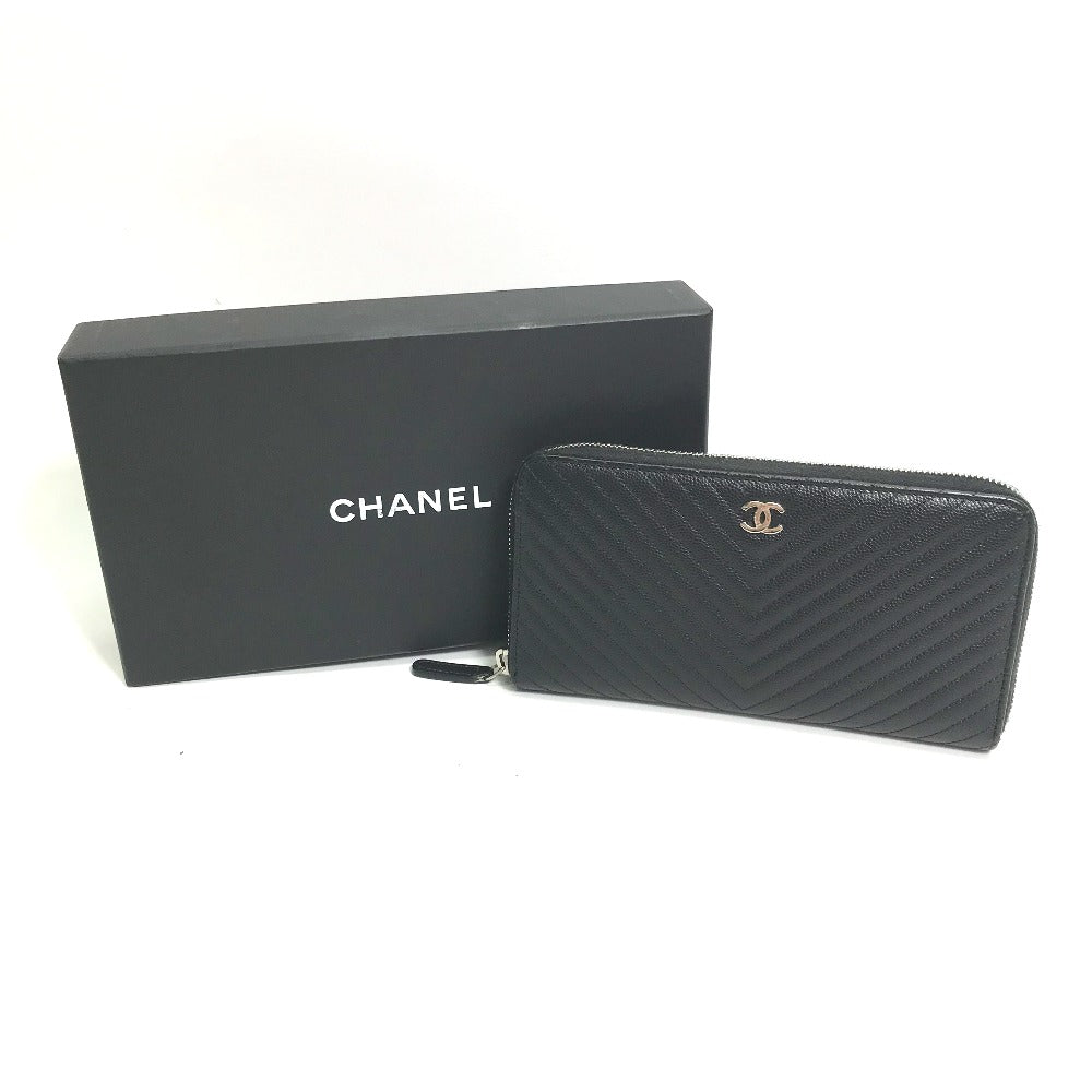 CHANEL Long Wallet Purse A50097 Caviar skin black CC COCO Mark Vstitch quilting Women Used Authentic