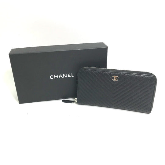 CHANEL Long Wallet Purse A50097 Caviar skin black CC COCO Mark Vstitch quilting Women Used Authentic