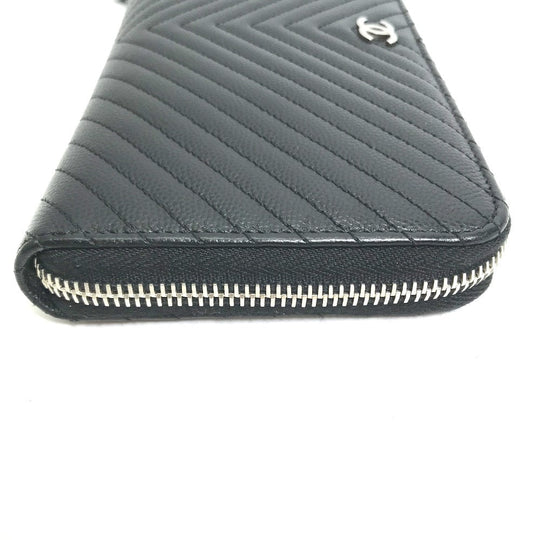 CHANEL Long Wallet Purse A50097 Caviar skin black CC COCO Mark Vstitch quilting Women Used Authentic