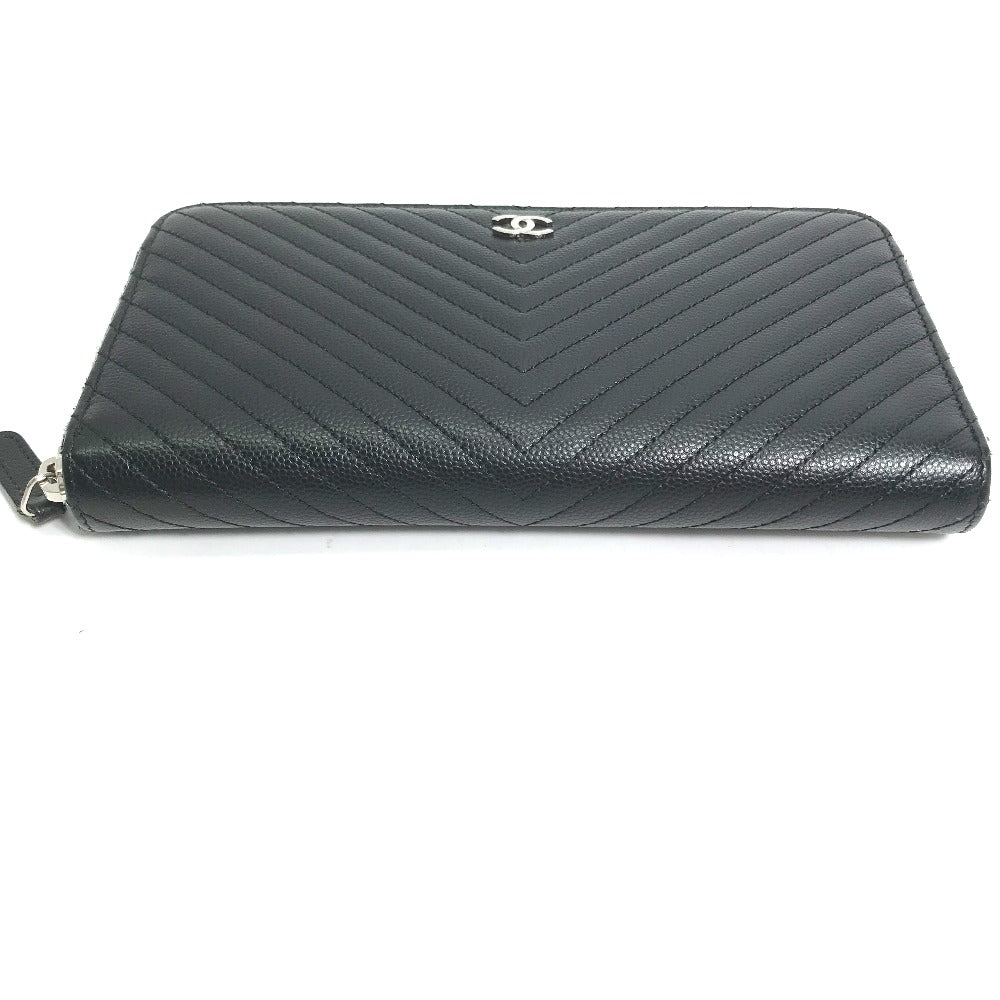 CHANEL Long Wallet Purse A50097 Caviar skin black CC COCO Mark Vstitch quilting Women Used Authentic
