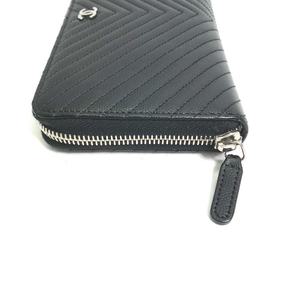 CHANEL Long Wallet Purse A50097 Caviar skin black CC COCO Mark Vstitch quilting Women Used Authentic