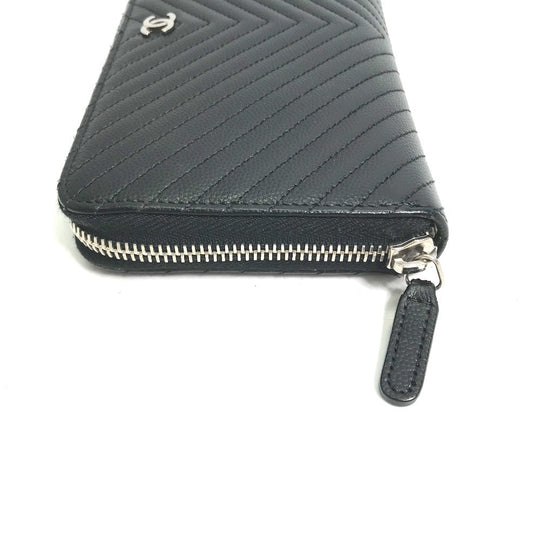 CHANEL Long Wallet Purse A50097 Caviar skin black CC COCO Mark Vstitch quilting Women Used Authentic