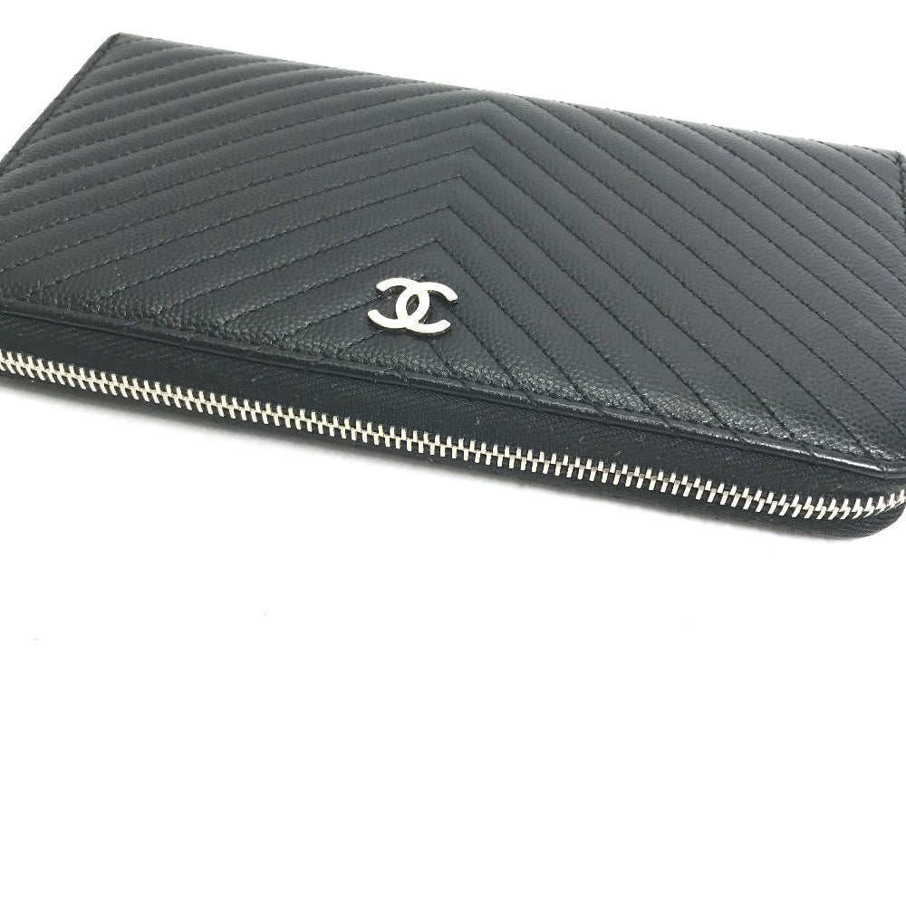 CHANEL Long Wallet Purse A50097 Caviar skin black CC COCO Mark Vstitch quilting Women Used Authentic
