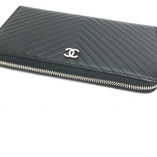 CHANEL Long Wallet Purse A50097 Caviar skin black CC COCO Mark Vstitch quilting Women Used Authentic