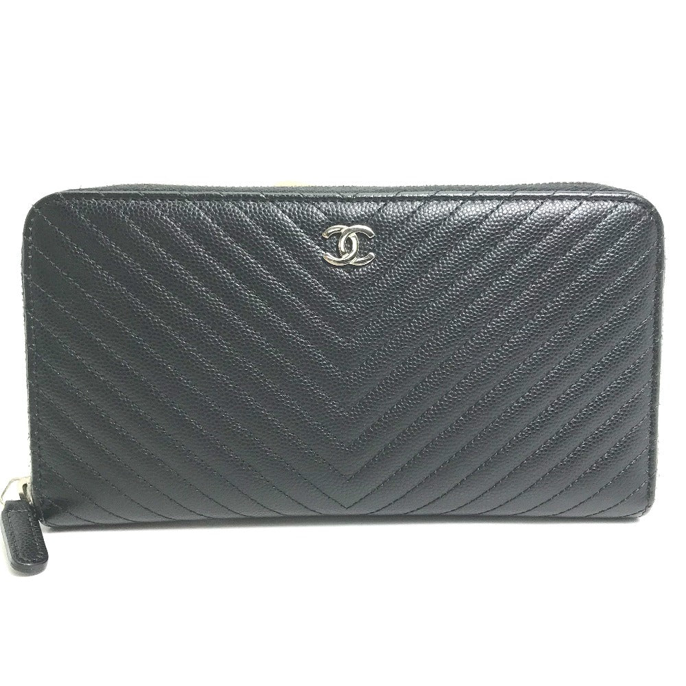 CHANEL Long Wallet Purse A50097 Caviar skin black CC COCO Mark Vstitch quilting Women Used Authentic